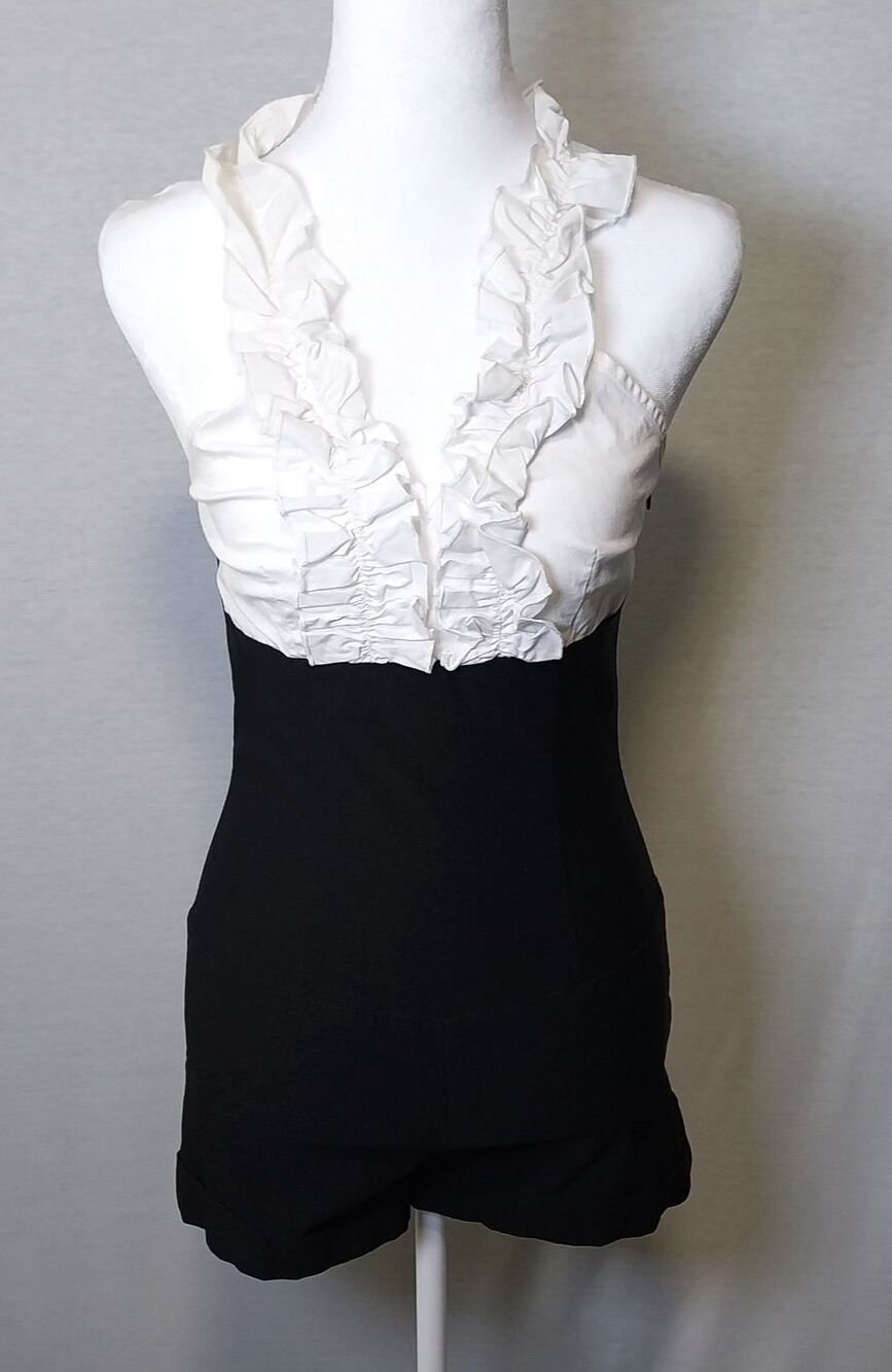 Windsor Black White Ruffle Halter Neck Colorblock Jumpsuit Romper Shorts Size M